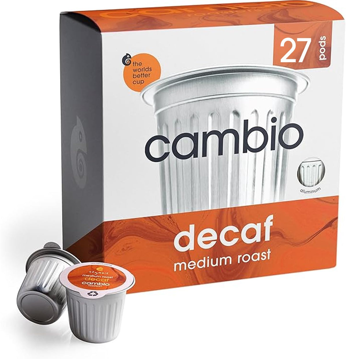 Cambio Roasters Colombian medium roast organic coffee pods in recyclable aluminum, Keurig compatible, 60 count, bold flavor.
