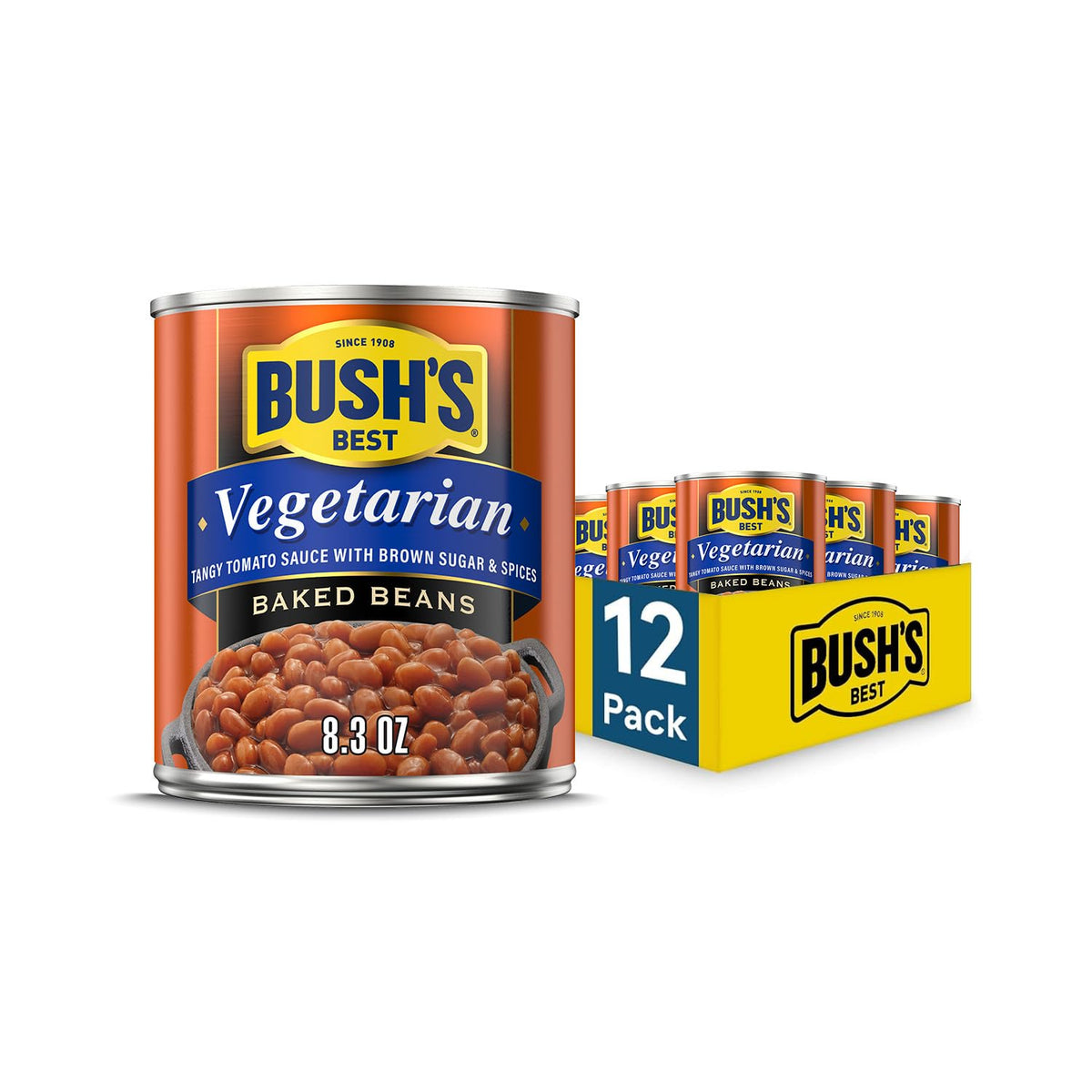 Canned Bush's Best Maple Cured Bacon Baked Beans 16 oz pack of 12; image shows baked beans in a can with label featuring bacon and maple syrup.