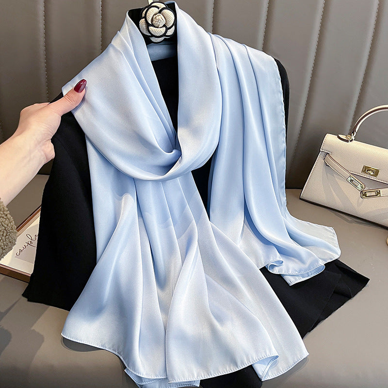 Korean-style solid-color silk beach scarf for women, lightweight summer sun-protection accessory
