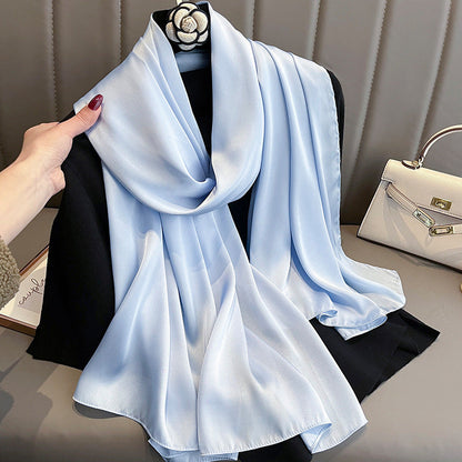 Korean-style solid-color silk beach scarf for women, lightweight summer sun-protection accessory