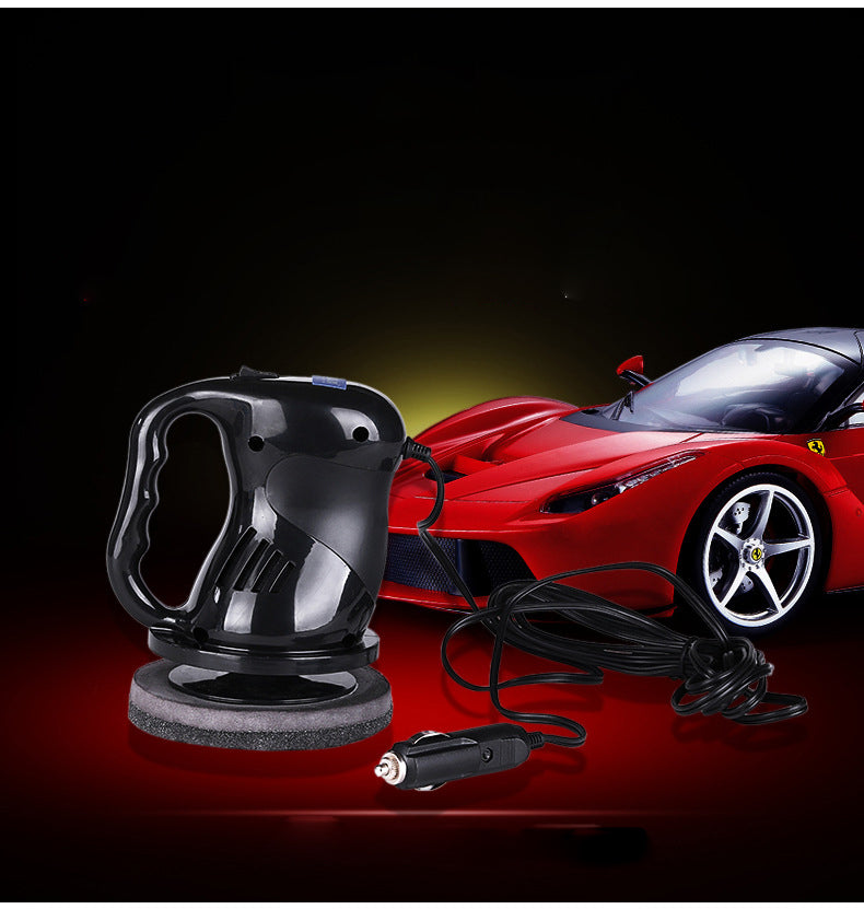 Black car polishing machine with ergonomic handle and circular buffing pad close-up