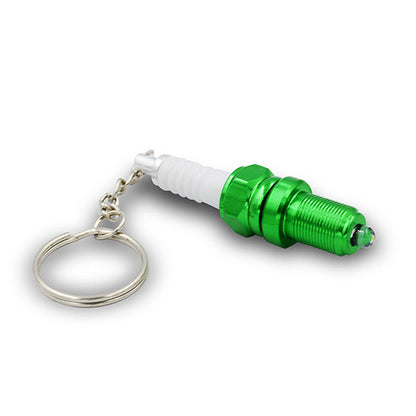 LED light spark plug keychain with compact metallic spark plug design