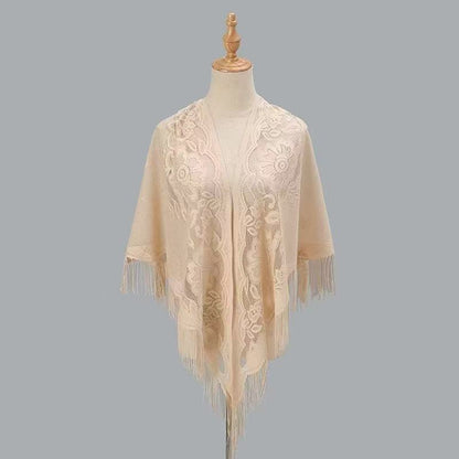 Women's breathable lace triangle shawl with floral design in a delicate openwork pattern