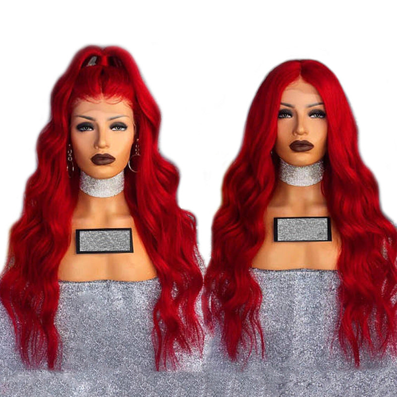 Long curly red female wig displayed on a plain background