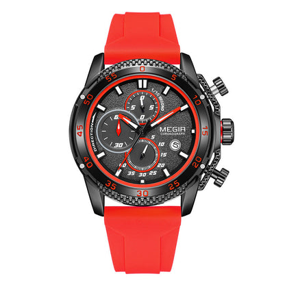 Multifunctional three-eye chronograph watch with black silicone strap, My Store brand