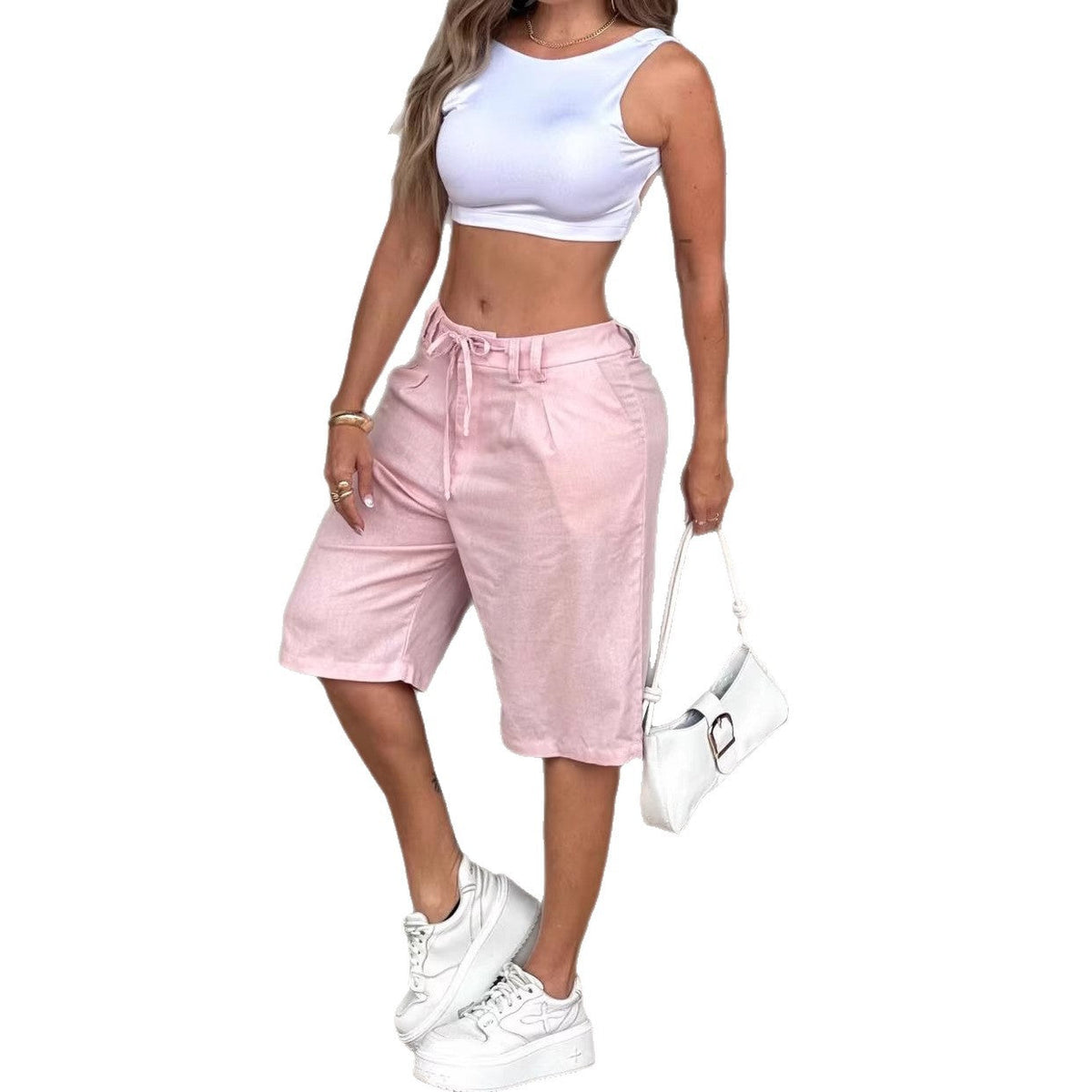 Women's fashionable casual solid-color drawstring shorts, front view with elastic waist and relaxed fit
