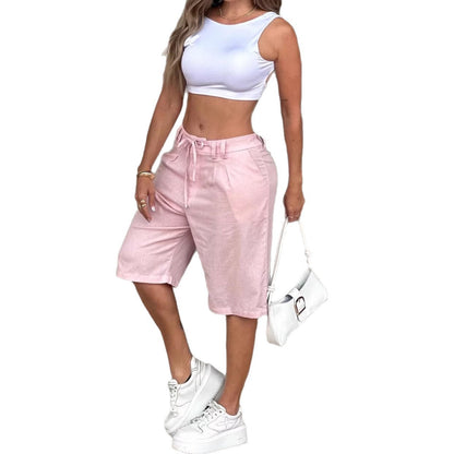 Women's fashionable casual solid-color drawstring shorts, front view with elastic waist and relaxed fit