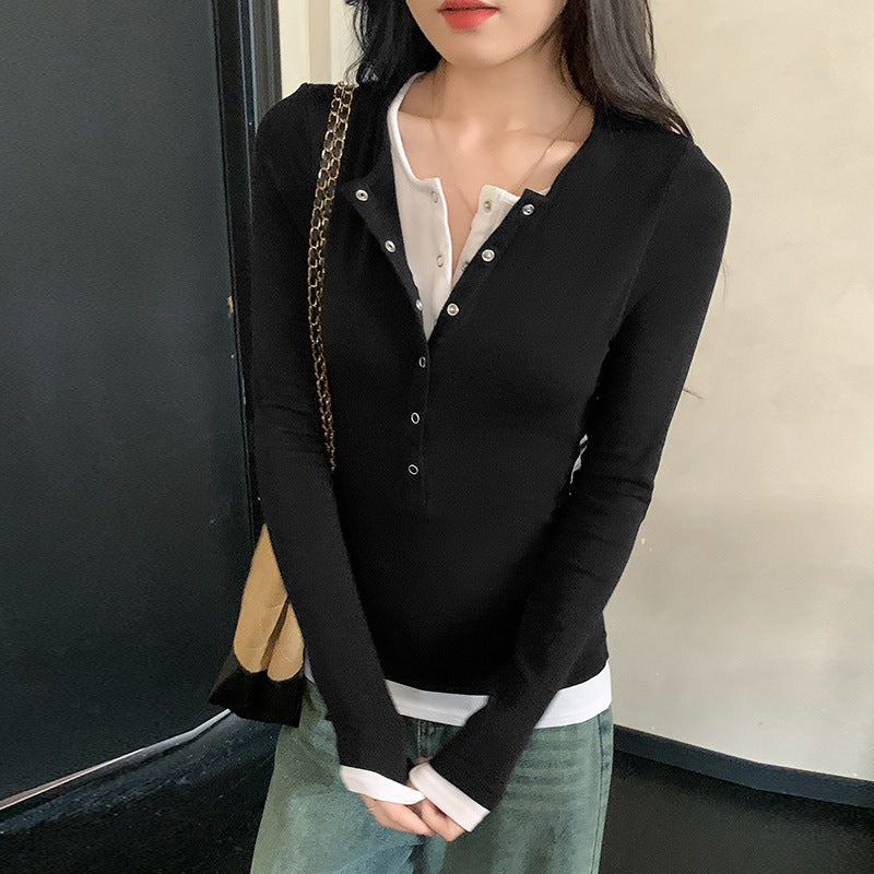 Color-block faux two-piece women's long-sleeve T-shirt top by My Store