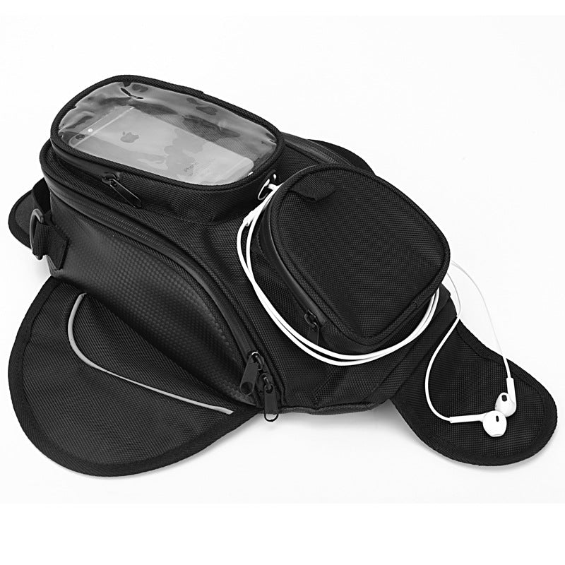 Motorcycle riding bag, durable black design with adjustable straps and zippered compartments