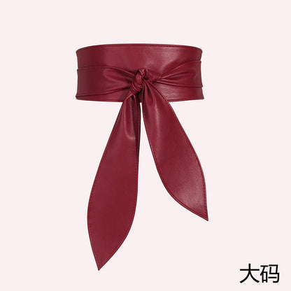 Women’s wide waist tie belt with elegant bow ribbon, soft long all-match design in black
