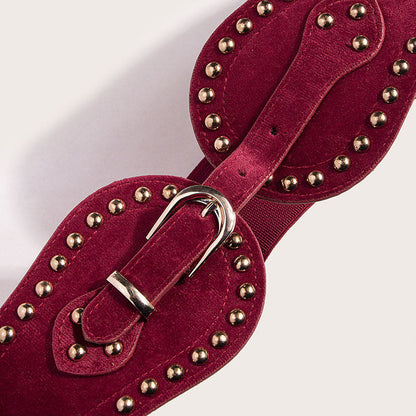 Women's western-style suede elastic belt with rivets, wide waist and adjustable seal design