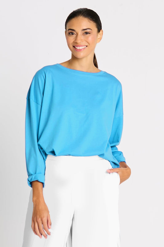 Light blue Pima cotton mini luxury boxy T-shirt by PLANET by Lauren G with short sleeves and a relaxed fit.