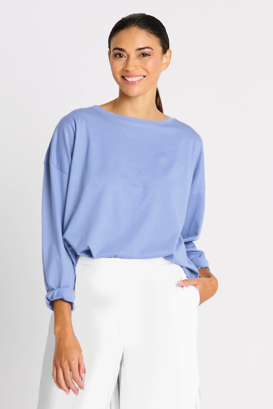 Thistle-colored Pima cotton mini luxury boxy T-shirt by PLANET by Lauren G displayed on a flat surface.