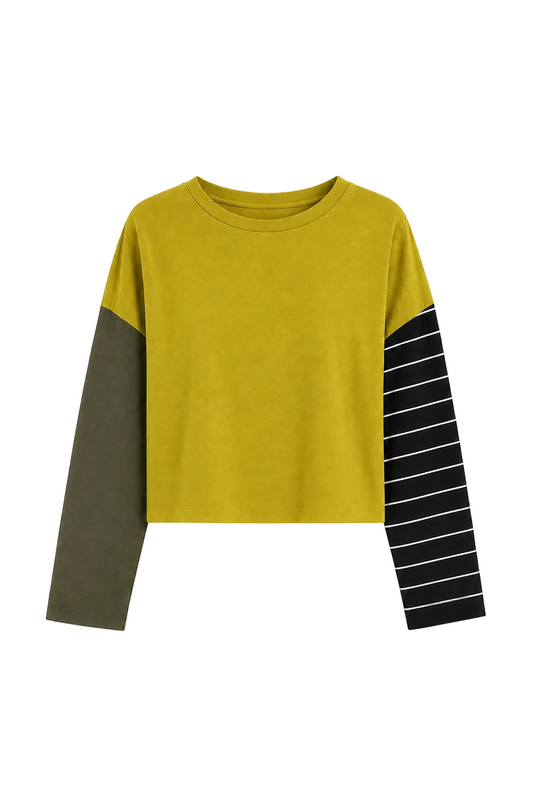 Front view of PLANET by Lauren G Pima cotton mixed media mini luxury boxy T-shirt in guacamole color.