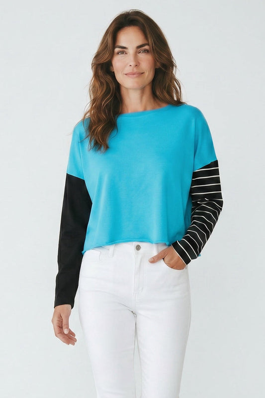 Pima cotton mixed media mini luxury boxy T-shirt in Capri color by PLANET by Lauren G, featuring a stylish relaxed fit.
