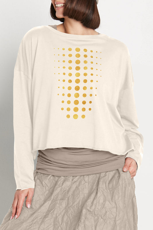 Stone and gold metallic dot print Pima cotton boxy T-shirt by PLANET by Lauren G, featuring a modern, luxury design.