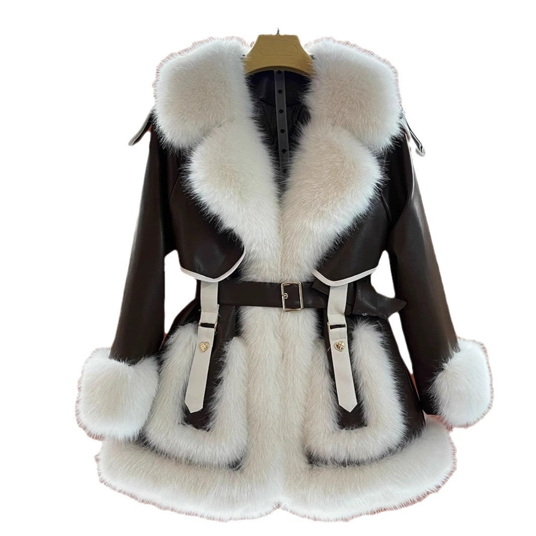 Women's elegant fur coat with oversized fur collar in a classic full-length design