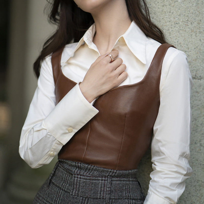 Genuine leather small sling vest coat in black with minimalist outerwear design