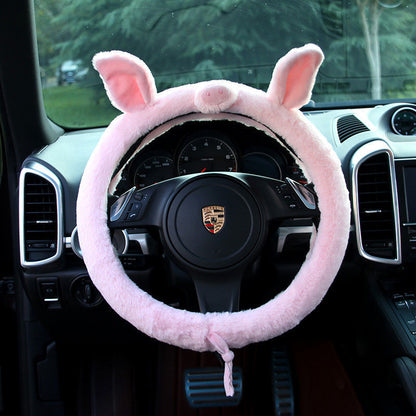 Cute cat ear steering wheel cover in soft short plush fabric, black and pink design