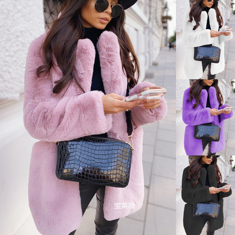 Women's long sleeve lapel faux fur coat in a solid color, My Store brand