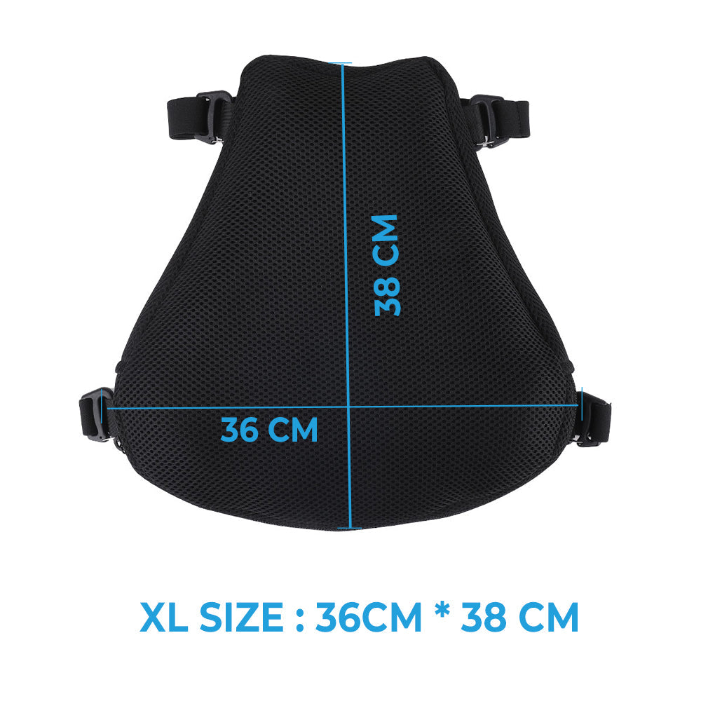 Black motorcycle seat cushion with textured cover and contoured padding for rider comfort