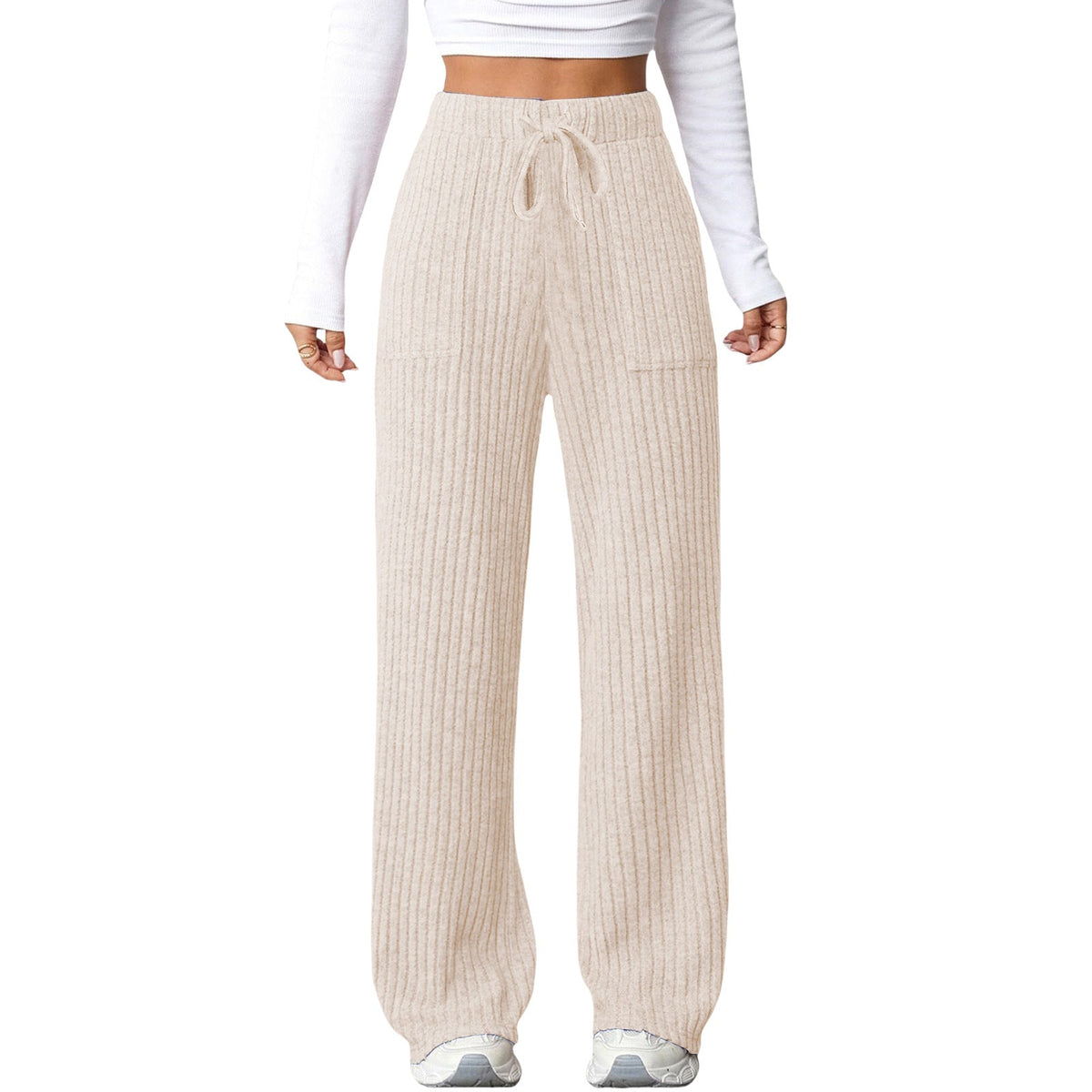 Women's solid-color ribbed pocket casual pants in a relaxed fit