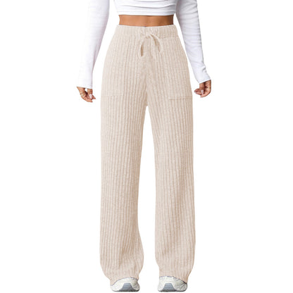 Women's solid-color ribbed pocket casual pants in a relaxed fit