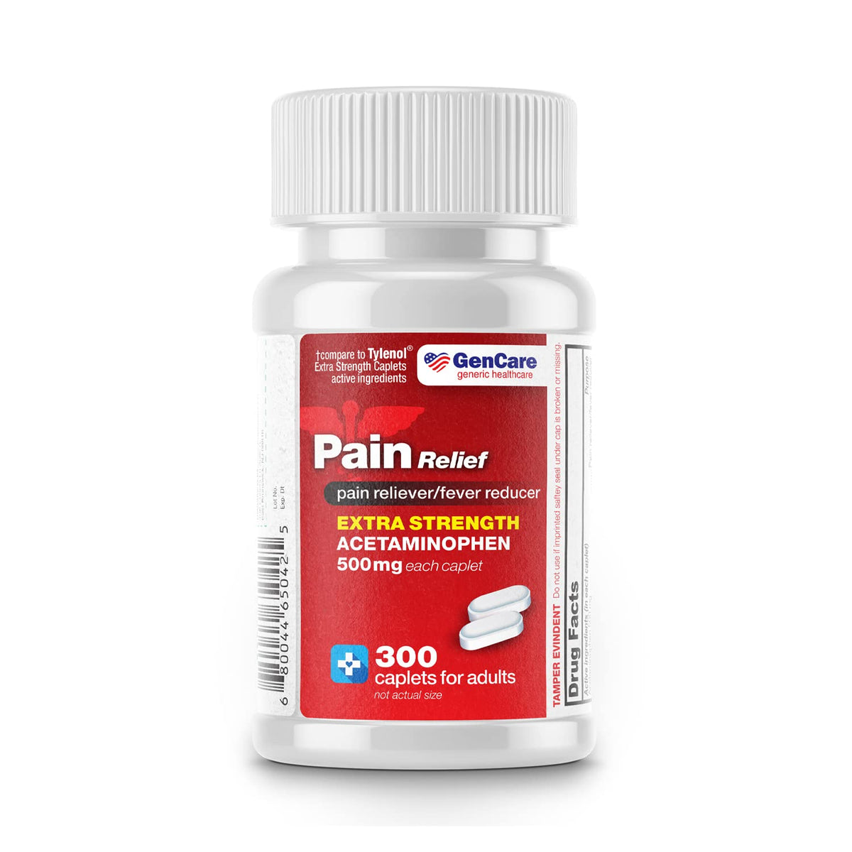 GenCare Extra Strength Acetaminophen 500mg caplets for pain and fever relief, shown in a blister pack.