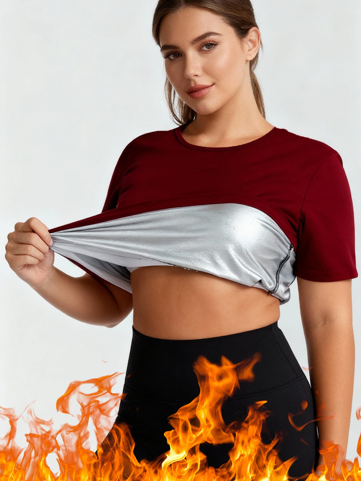 Women's short sleeve sauna shirt and compression waist trainer athletic tee in black