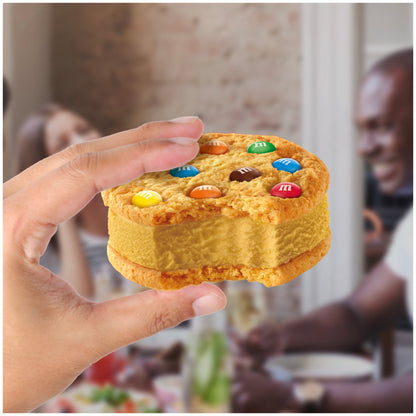 BACKUPMYFILESNOW® M&M'S Peanut Butter Ice Cream Sandwiches in 14 fl oz 4-pack, showing creamy ice cream with M&M's between cookies