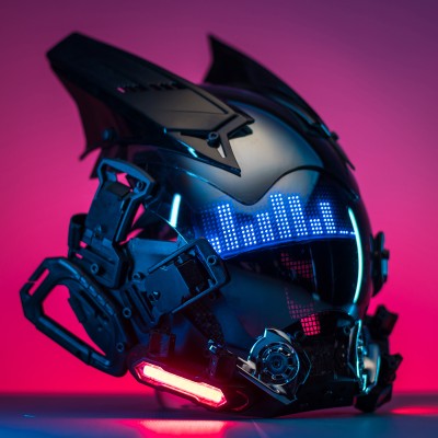 Luminous helmet mask with futuristic technology-inspired design, front view