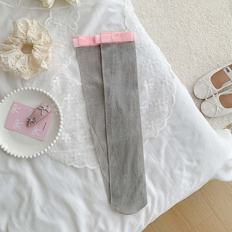 Women's cotton calf-length socks with silver-thread bow detail