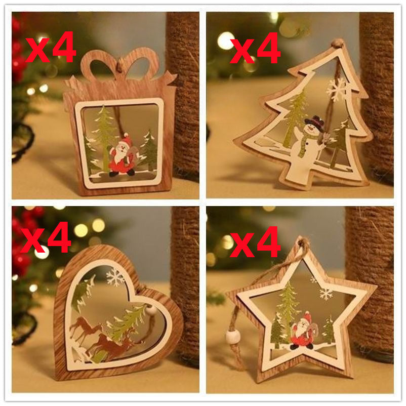 Christmas decorations wooden cabin pendants displayed together, featuring rustic winter cabin designs
