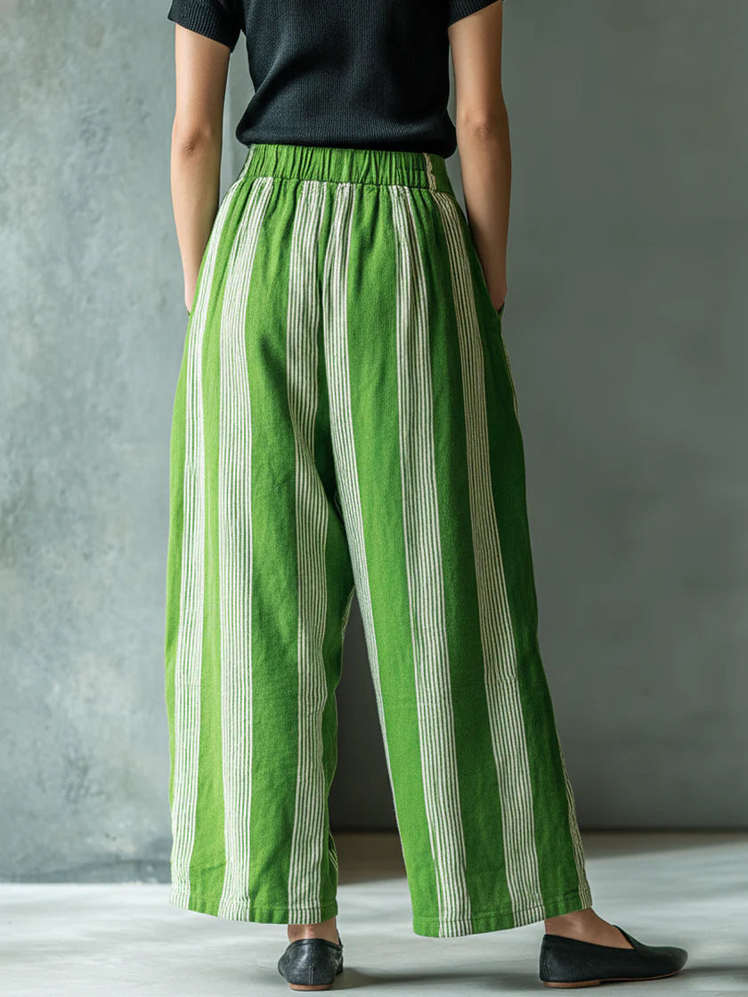 Women's loose casual linen striped wide-leg pants with high waist and vacation style