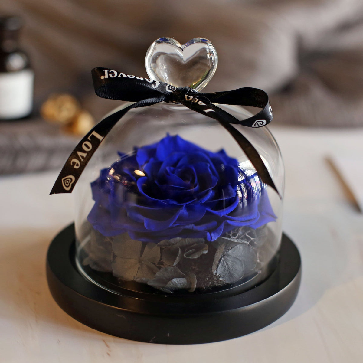 Valentine’s Day gift box with glass cover and large preserved immortal rose flower