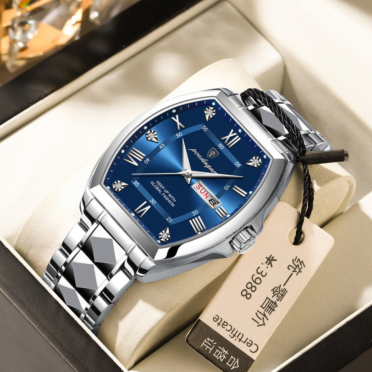 Waterproof luminous barrel-shaped quartz men's watch with a sleek barrel case and visible dial details