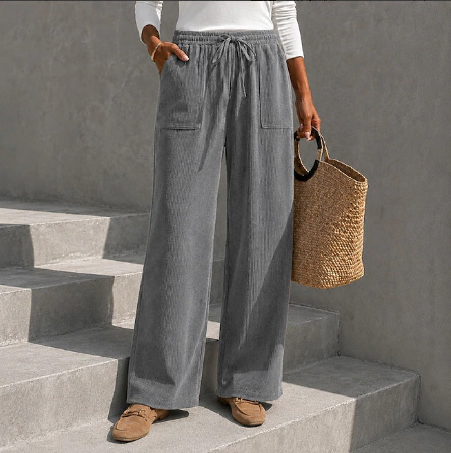 Women's corduroy wide-leg pants with elastic waist and drawstring, loose casual long pants