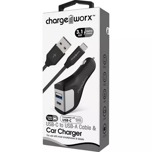 Chargeworx USB-A to USB-C car charger connected to vehicle power outlet, compact design for charging devices on the go.