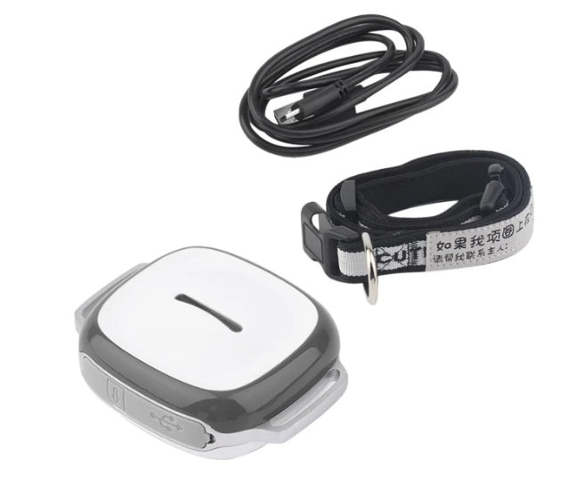 Collared cat and dog tracker pet locator with adjustable collar in black