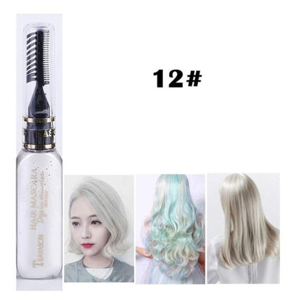 Temporary hair dye mascara in a compact tube with applicator wand for temporary hair color touch-ups