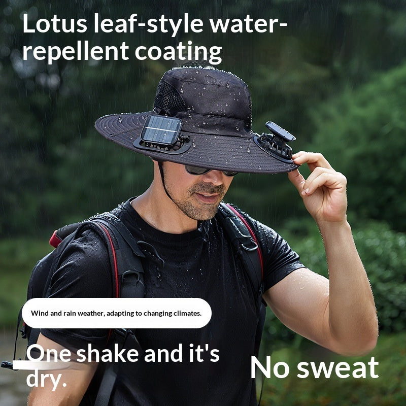 Spray fan cooling sunshade fisherman hat with wide brim and attached misting fan white front view