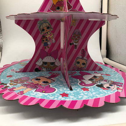 Cartoon doll birthday theme cake stand with colorful party decorations in pink and pastel tones