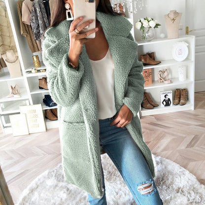 Women's long faux fur coat with suit collar in a casual style