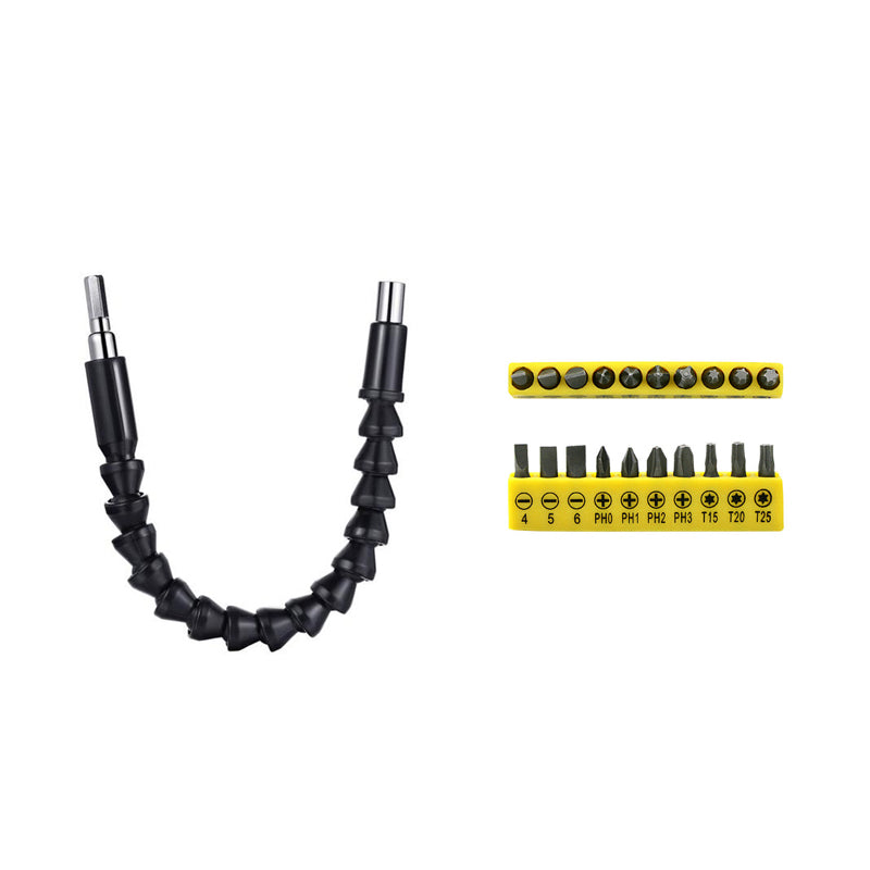 Flexible shaft drill bit holder, compact hand tool for reaching tight spaces