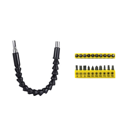 Flexible shaft drill bit holder, compact hand tool for reaching tight spaces