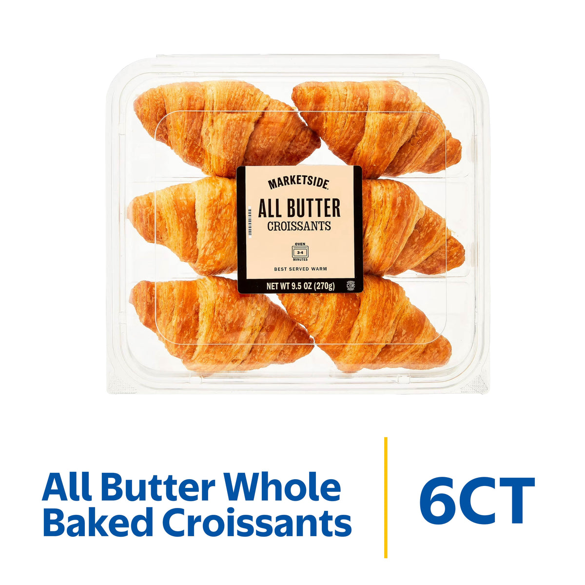 Marketside all butter whole baked croissants by BACKUPMYFILESNOW®, fresh golden-brown croissants with flaky layers in a 9.5 oz, 6-count pack.