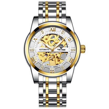Mechanical watch with hollowed-out steel bracelet and visible skeleton dial