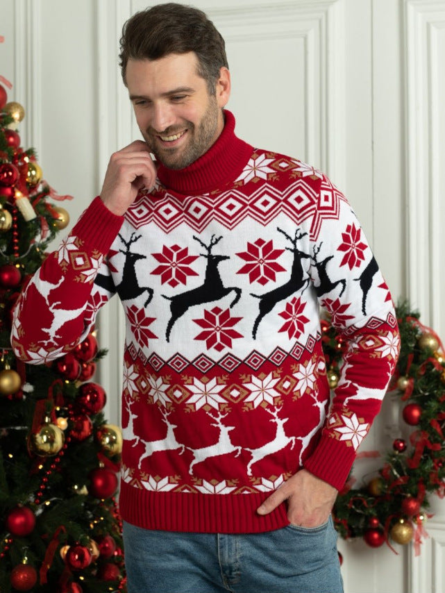 Couple wear Christmas elk jacquard long sleeve turtleneck sweater in red and white pattern