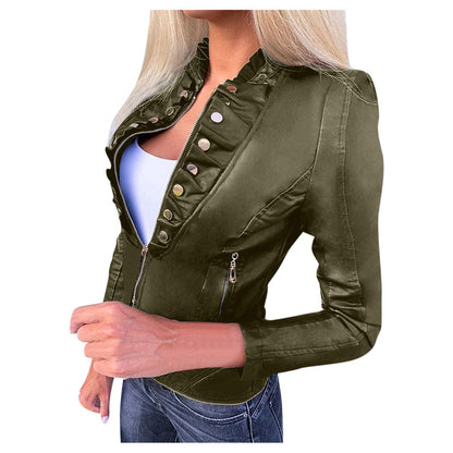 Slim winter PU motorcycle leather jacket by My Store, black design with zip closure and fitted cut