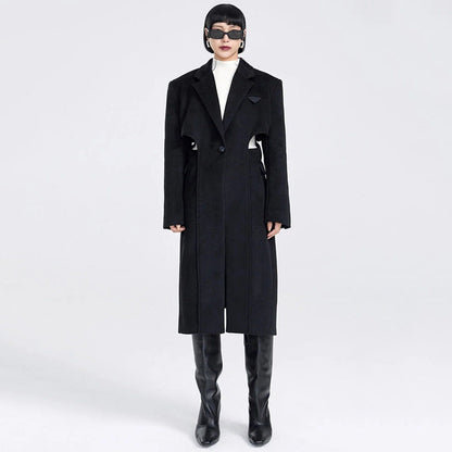 Fake two-piece hollow-out long wool coat in a layered design, front view